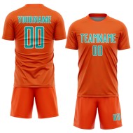 Custom Orange Uniform Sublimation Soccer Jersey Geometric Sports Shape Aqua-White Custom Orange Uniform Sublimation Soccer Jersey Geometric Sports Shape Aqua-White