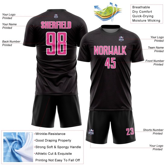 Pink-White Sublimation Soccer Sports Geometric Jersey Custom Black Uniform Shape Pink-White Sublimation Soccer Sports Geometric Jersey Custom Black Uniform Shape
